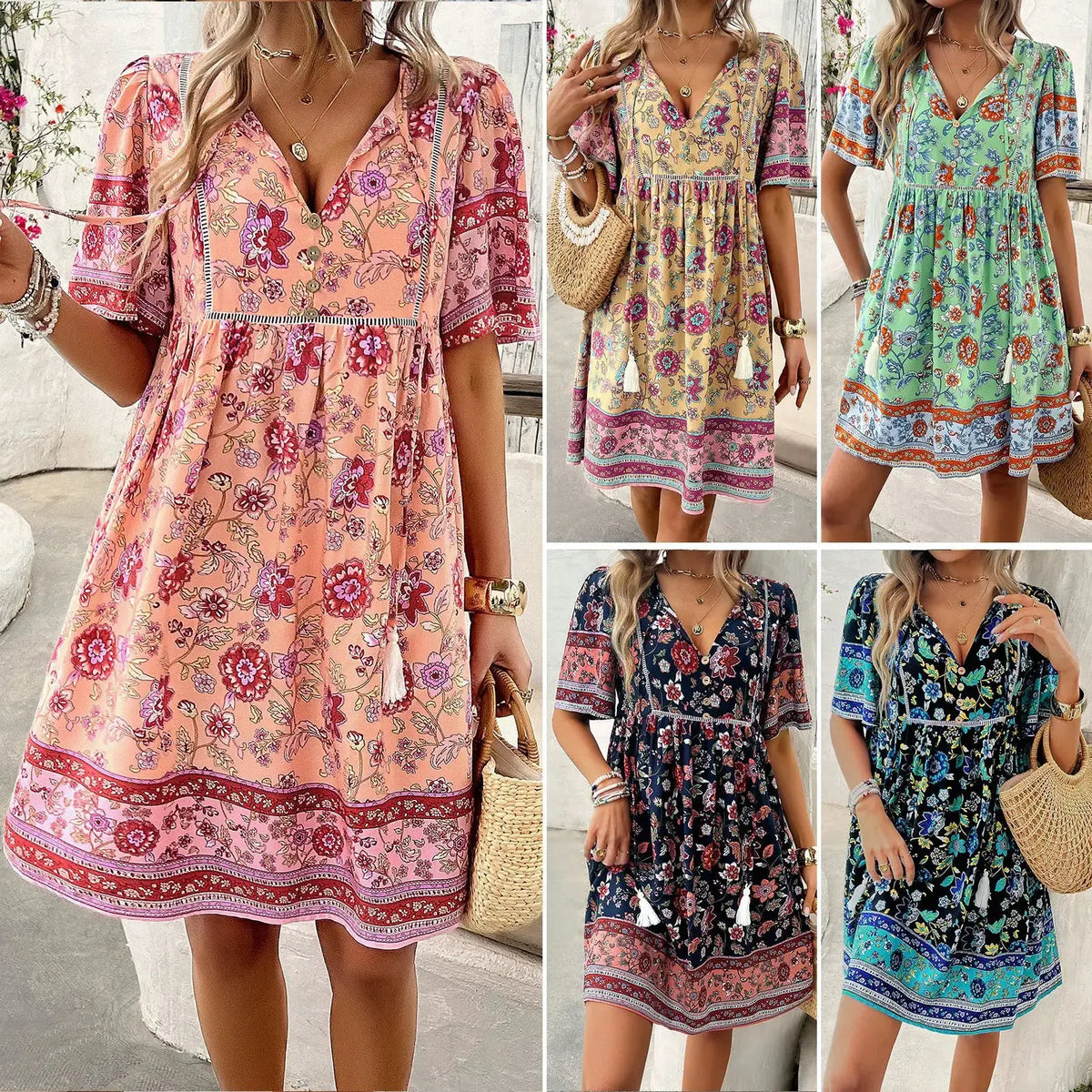 Stylish Printed Short Sleeve Dress for Summer Vacations by eprolo