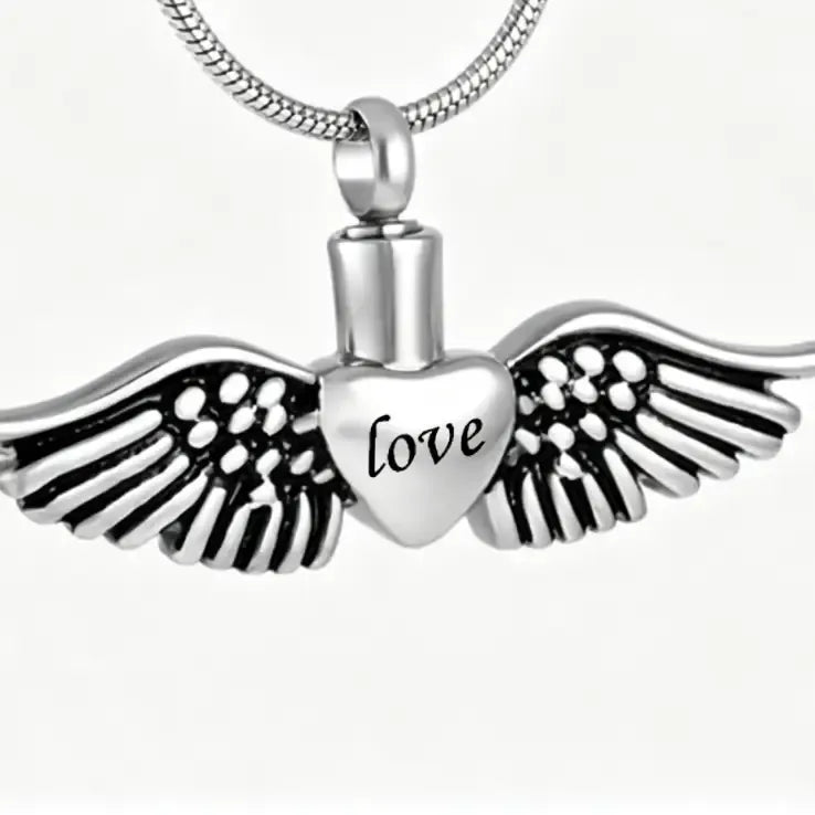 Personalized Memorial Urn Necklace with Angel Wings Design by TED