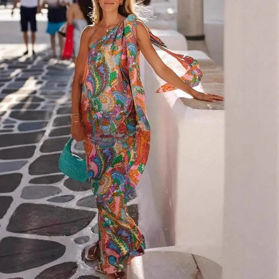 Stylish Floral One Shoulder Dress for Vacation Wear by eprolo