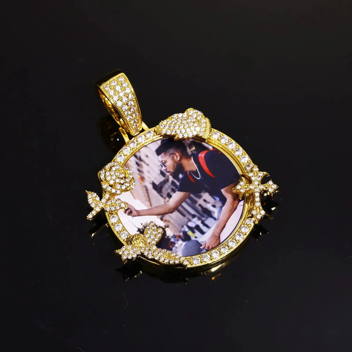 Personalized Memorial Photo Necklace with Zircon Accents | Custom Round Remembrance Pendant by TED