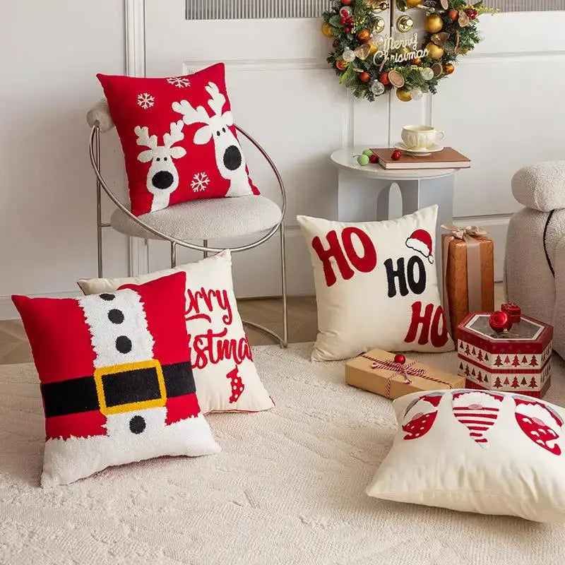 Christmas Embroidered Pillow Cover 18x18 | Santa, Reindeer & HOHOHO Holiday Cushion Cover by Cherished Harbor Gifts by EPR