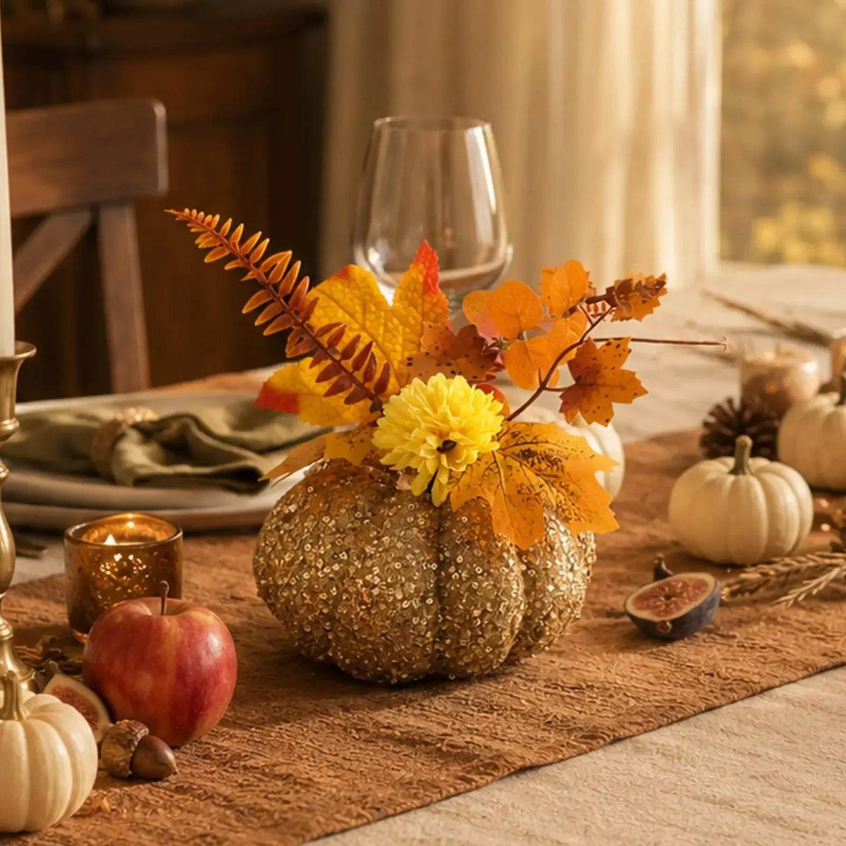Elegant Thanksgiving Table Centerpiece with Faux Pumpkin Decor by EPR