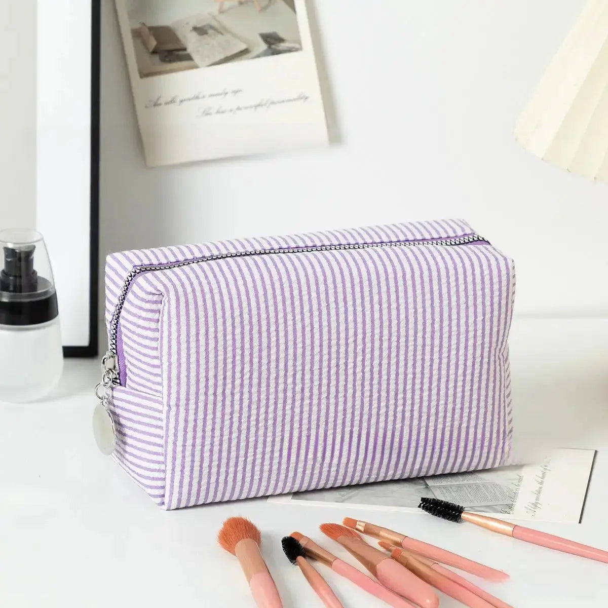Personalized Embroidered Striped Seersucker Cosmetic Bag | Custom Makeup & Travel Pouch by TED