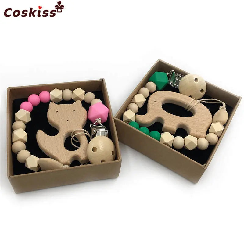 2-Piece Baby Wooden Animal Teether Set – Silicone Bead Grasping Toys by EPR