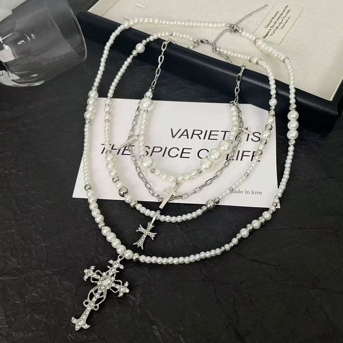 Vintage Pearl Cross Necklace - Layered Gothic Style Jewelry - Cherished Harbor Gifts