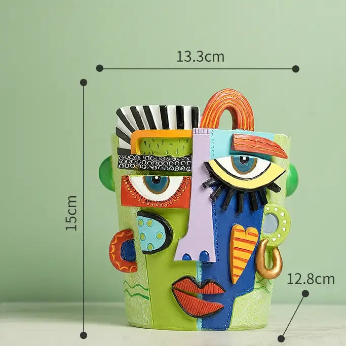 Creative Abstract Face Planter, Fauvist-Style Flower Arrangement, Home Planting Pot Decor by TED