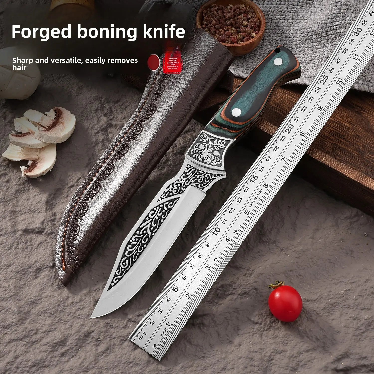 Ornate boning knife with decorative blade, wooden handle, next to a ruler and sliced mushrooms.