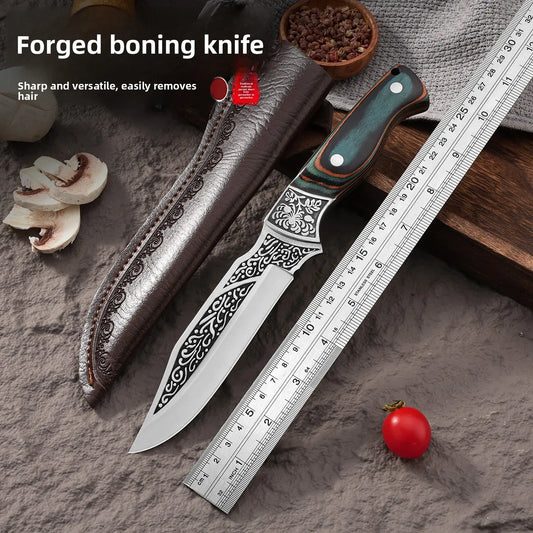 Ornate boning knife with decorative blade, wooden handle, next to a ruler and sliced mushrooms.