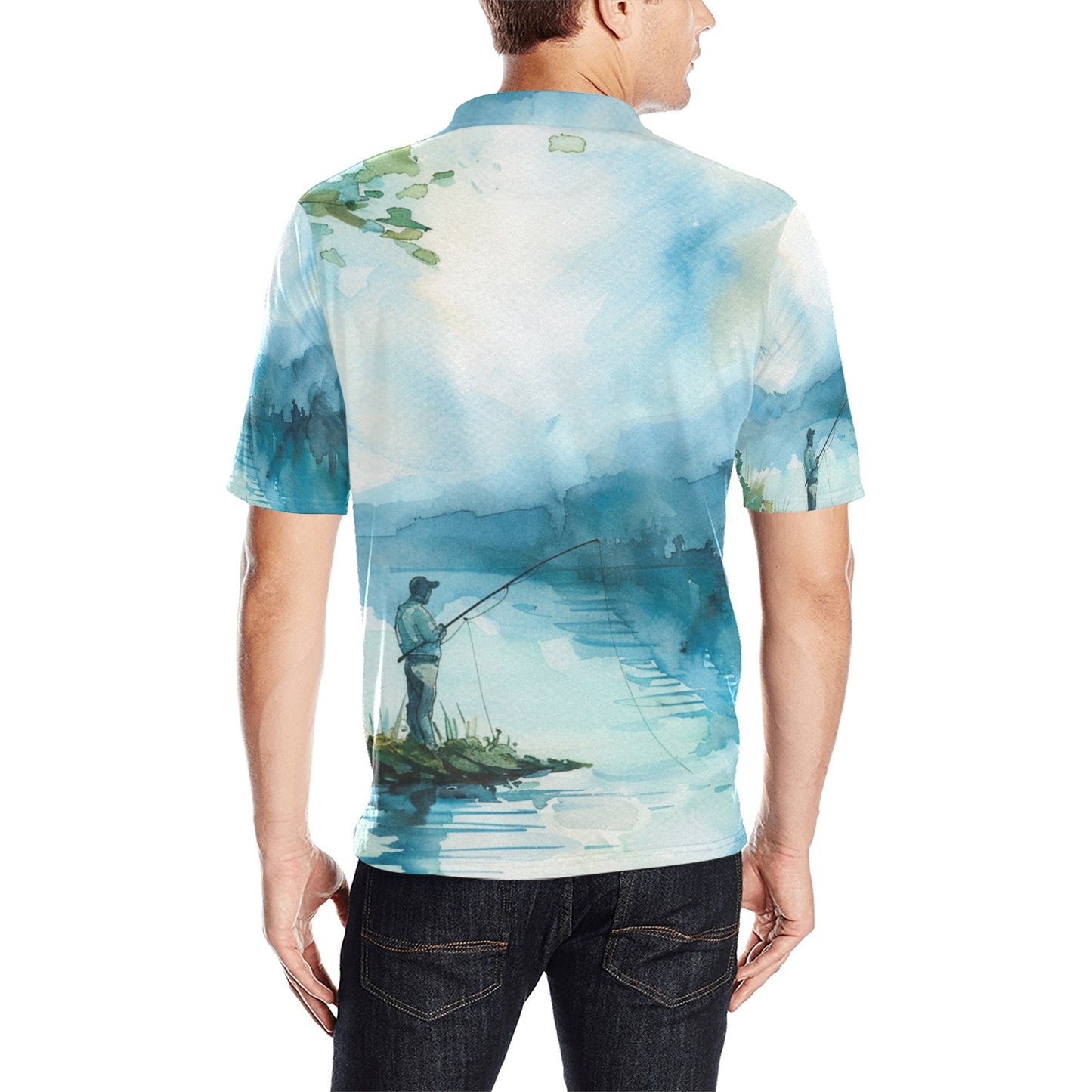 golf polo shirt men Fishing Scene Men's All Over Print Polo Shirt | Lightweight Polyester Casual Golf Shirt - Cherished Harbor Gifts