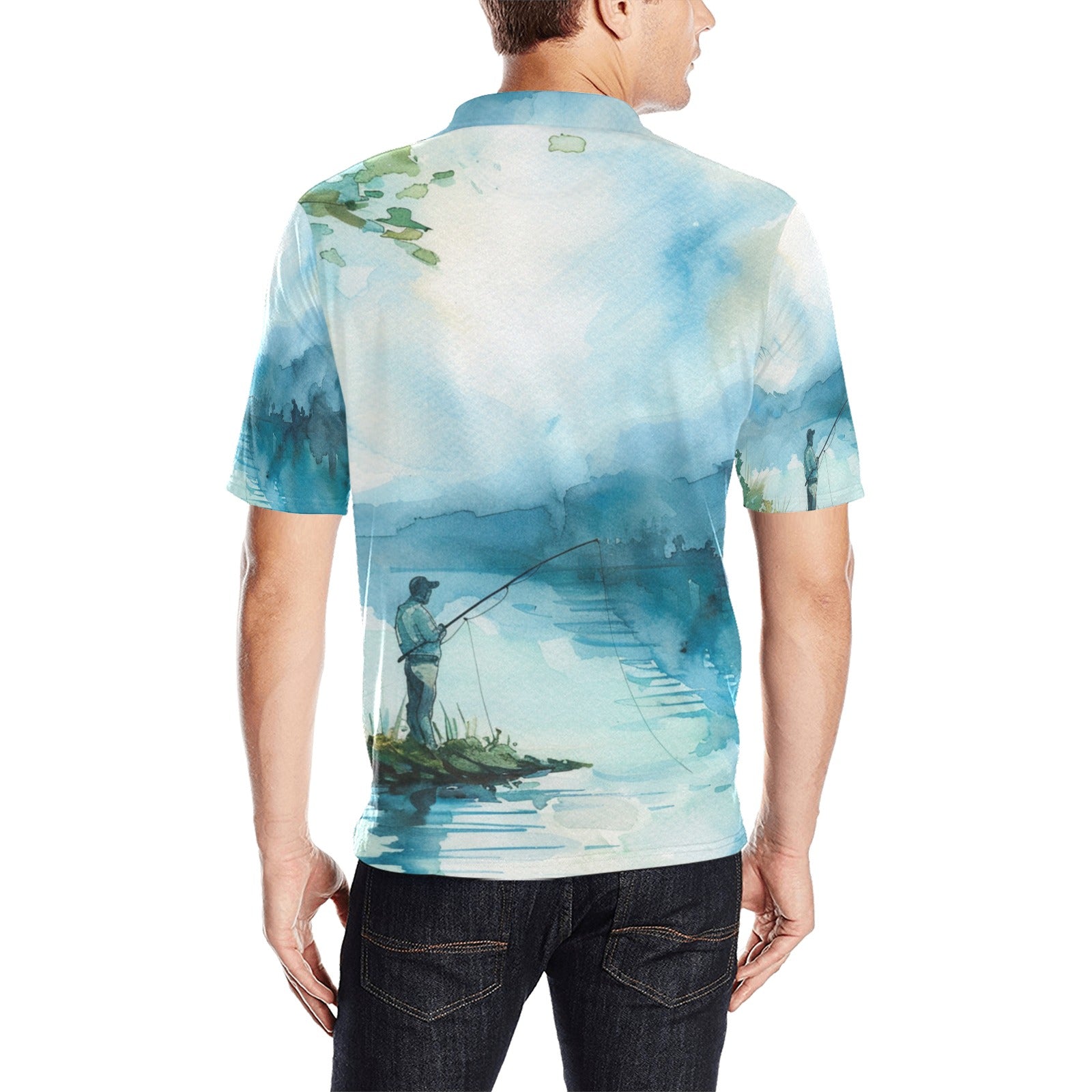 golf polo shirt men Fishing Scene Men's All Over Print Polo Shirt | Lightweight Polyester Casual Golf Shirt - Cherished Harbor Gifts