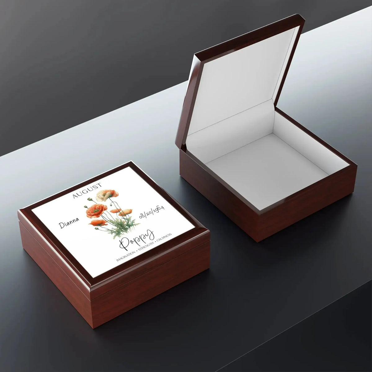 Poppy wooden jewelry box featuring floral design and elegant finish.