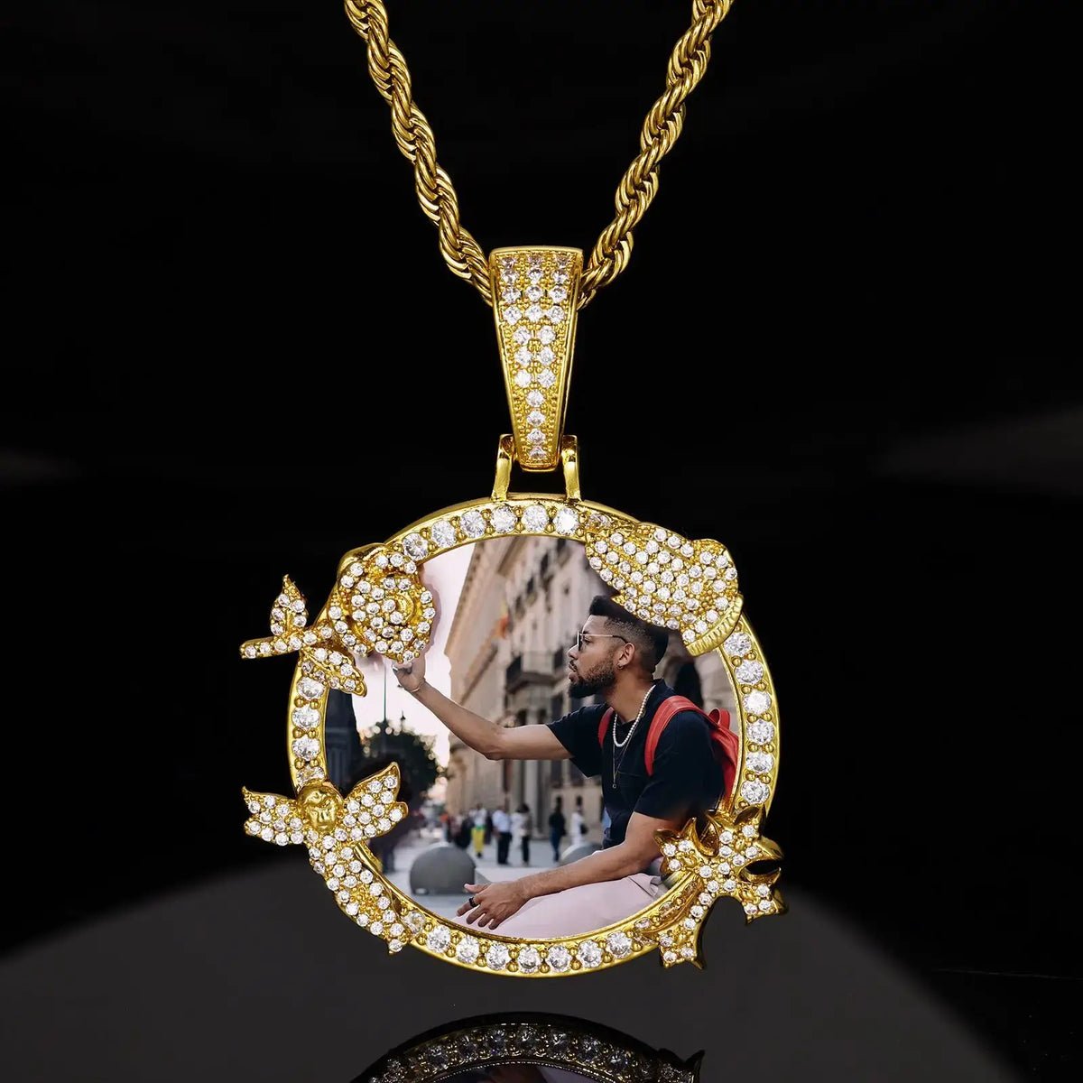 Personalized Memorial Photo Necklace with Zircon Accents | Custom Round Remembrance Pendant by TED