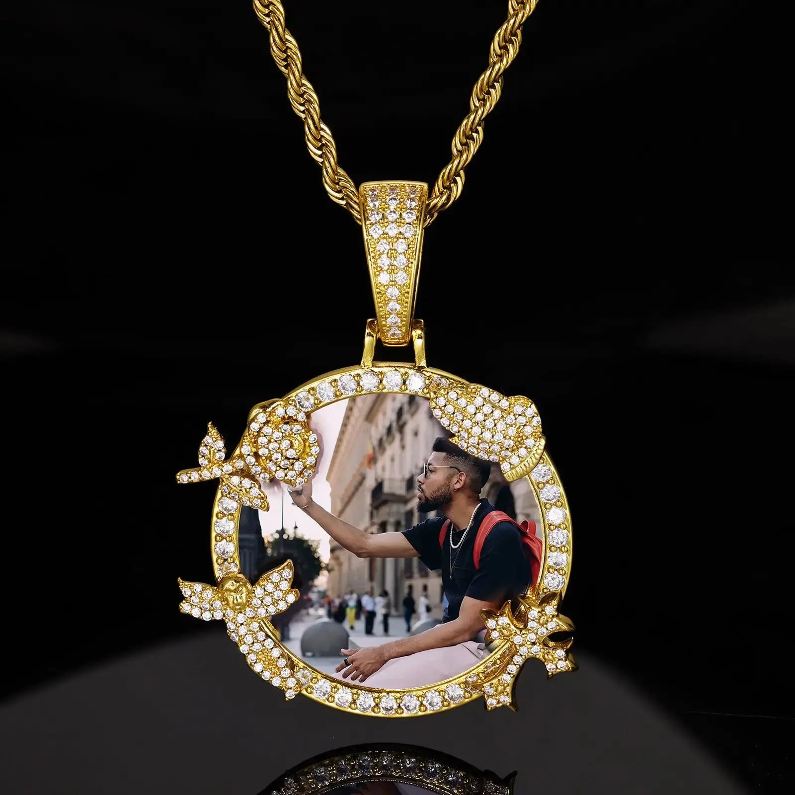 Personalized Memorial Photo Necklace with Zircon Accents | Custom Round Remembrance Pendant by TED
