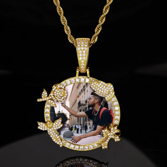 Personalized Memorial Photo Necklace with Zircon Accents | Custom Round Remembrance Pendant by TED