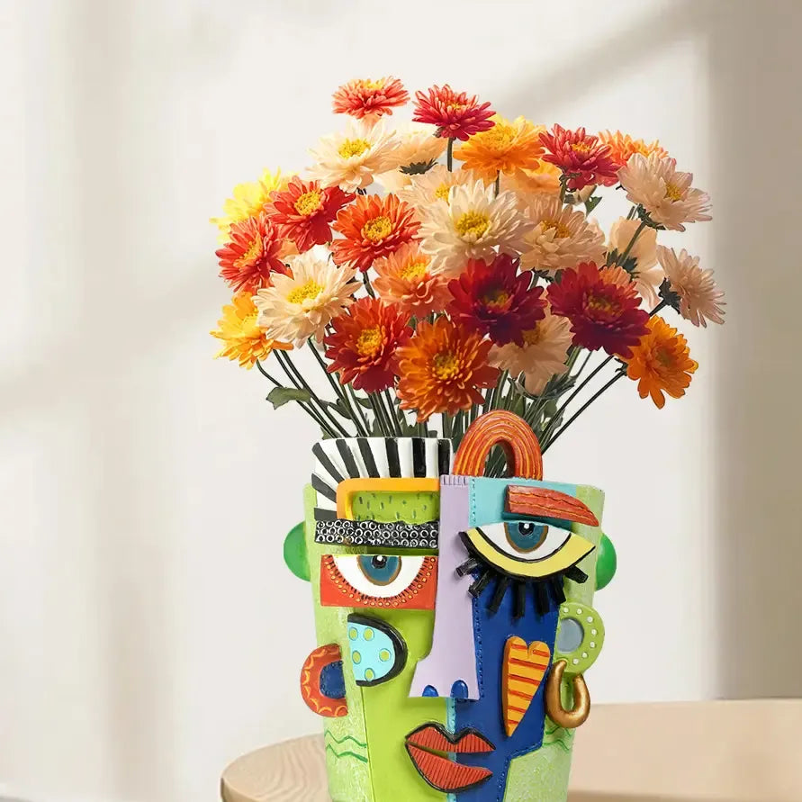 Creative Abstract Face Planter, Fauvist-Style Flower Arrangement, Home Planting Pot Decor by TED