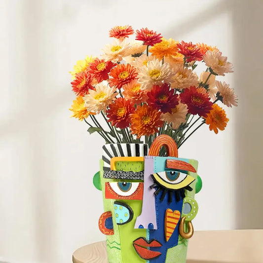 Creative Abstract Face Planter, Fauvist-Style Flower Arrangement, Home Planting Pot Decor by TED