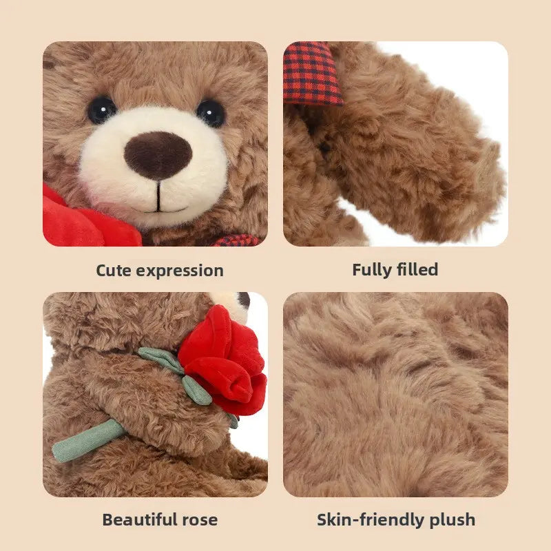 Close-up of a fluffy brown teddy bear with a red bow, rose, and plaid ribbon details.