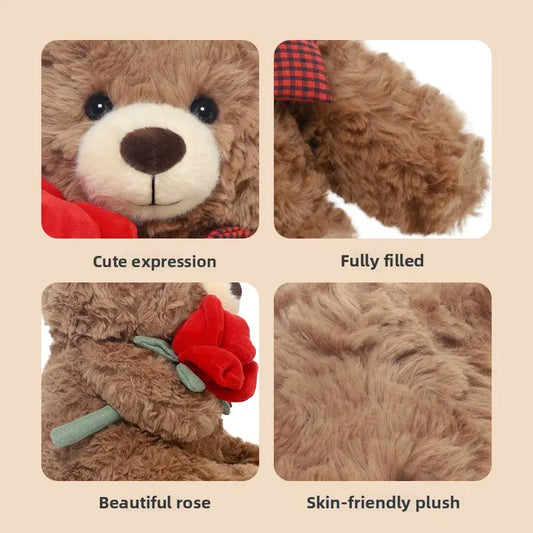 Close-up of a fluffy brown teddy bear with a red bow, rose, and plaid ribbon details.