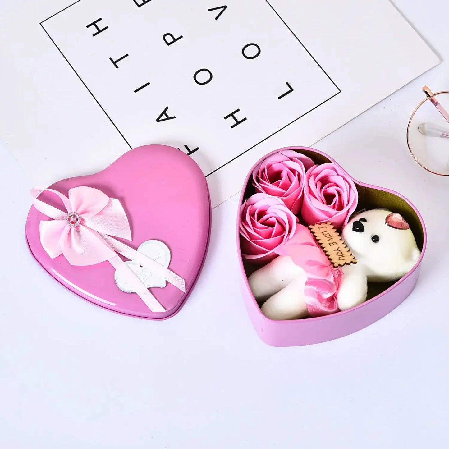 Valentine’s Day Soap Flower Rose Bear Gift Box | Heart-Shaped Bouquet by EPR