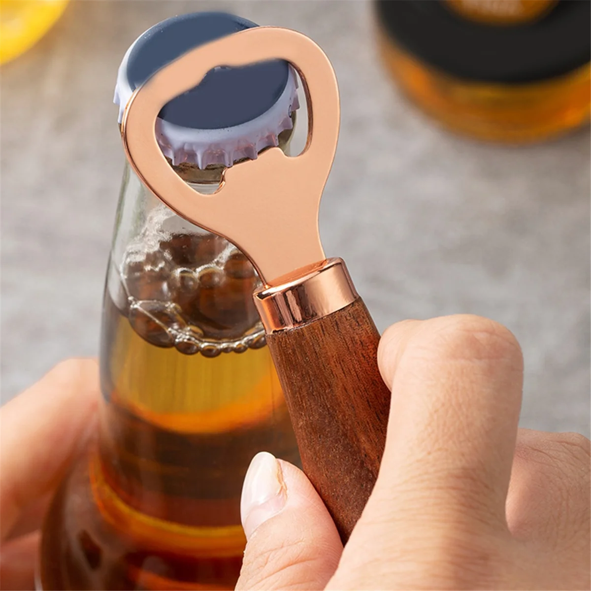 Stainless Steel Beer Bottle Opener with Wood Handle, Kitchen Tools, Anniversary Wedding Gift Rose Gold by eprolo