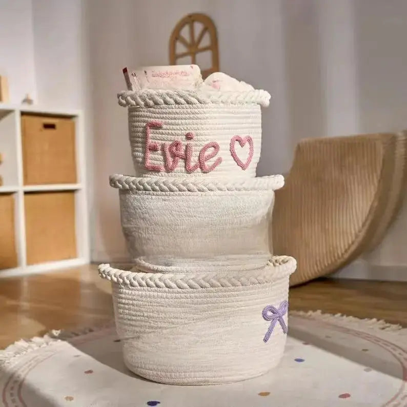 Personalized Round Cotton Rope Storage Basket | Custom Name Woven Organizer by TED