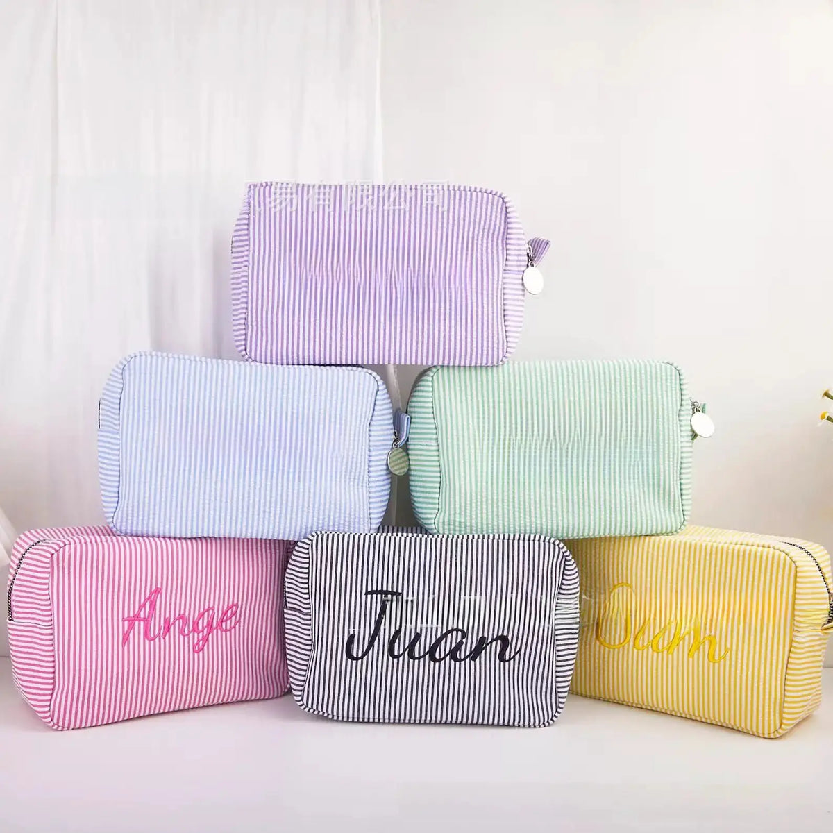 Personalized Embroidered Striped Seersucker Cosmetic Bag | Custom Makeup & Travel Pouch by TED