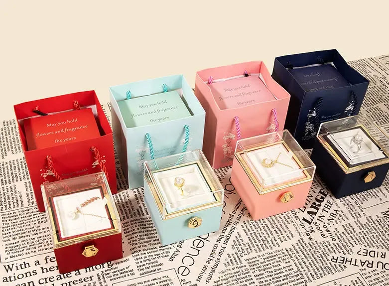 360° Rotating Preserved Rose Jewelry Gift Box | Necklace & Ring Holder by EPR