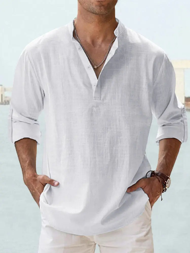 Men's Linen Casual Shirt - Relaxed Long Sleeve Pullover by TED