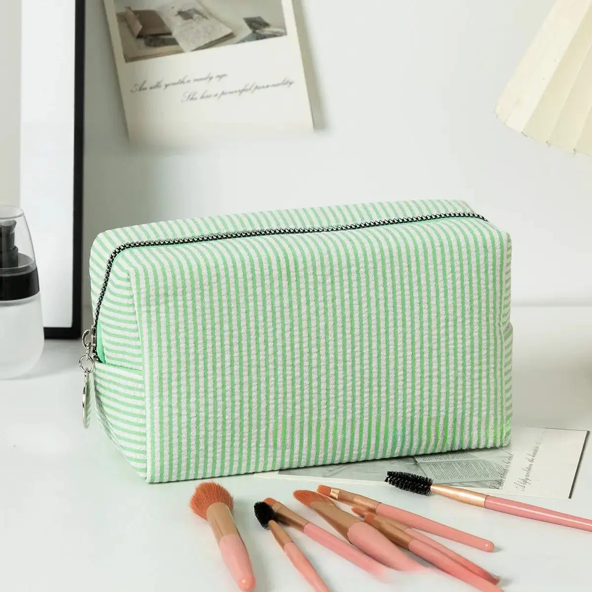 Personalized Embroidered Striped Seersucker Cosmetic Bag | Custom Makeup & Travel Pouch by TED