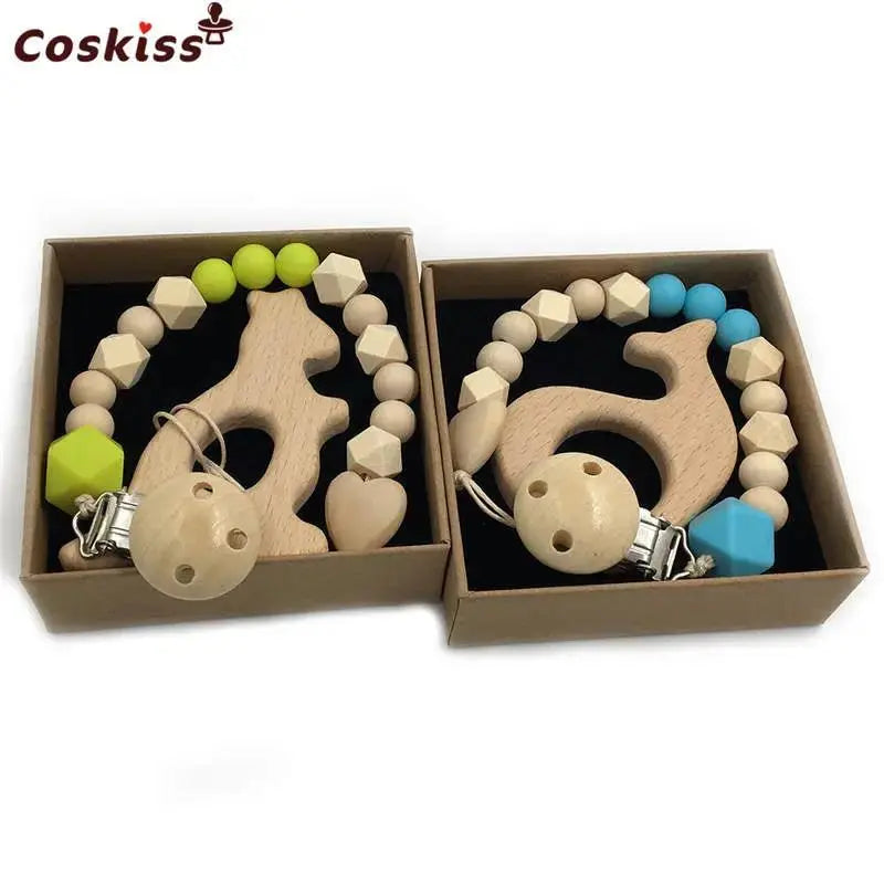 2-Piece Baby Wooden Animal Teether Set – Silicone Bead Grasping Toys by EPR