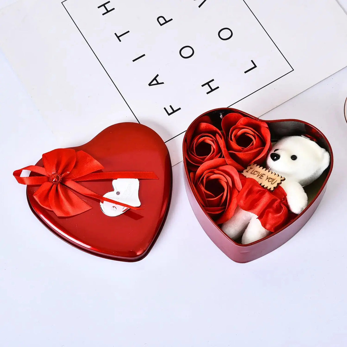 Valentine’s Day Soap Flower Rose Bear Gift Box | Heart-Shaped Bouquet by EPR