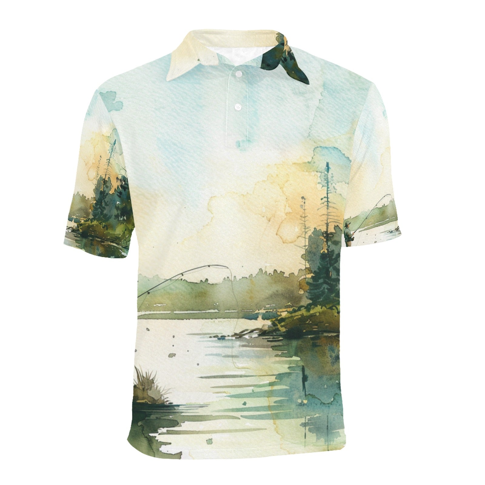 men's outdoor apparel Fishing Scene Men's All Over Print Polo Shirt | Lightweight Polyester Casual Golf Shirt - Cherished Harbor Gifts
