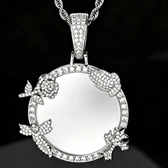 Personalized Memorial Photo Necklace with Zircon Accents | Custom Round Remembrance Pendant by TED