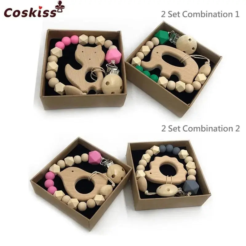 2-Piece Baby Wooden Animal Teether Set – Silicone Bead Grasping Toys by EPR