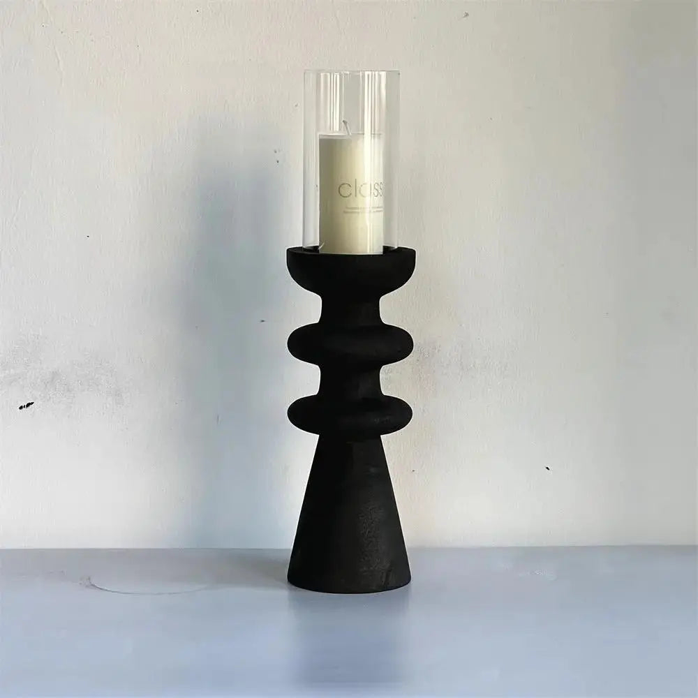 Handcrafted Wooden Candle Holder | Rustic Black Wood Home Decor with Optional Glass Dome by TED