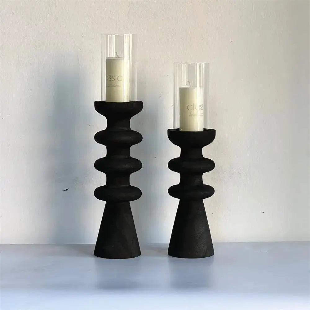 Handcrafted Wooden Candle Holder | Rustic Black Wood Home Decor with Optional Glass Dome by TED