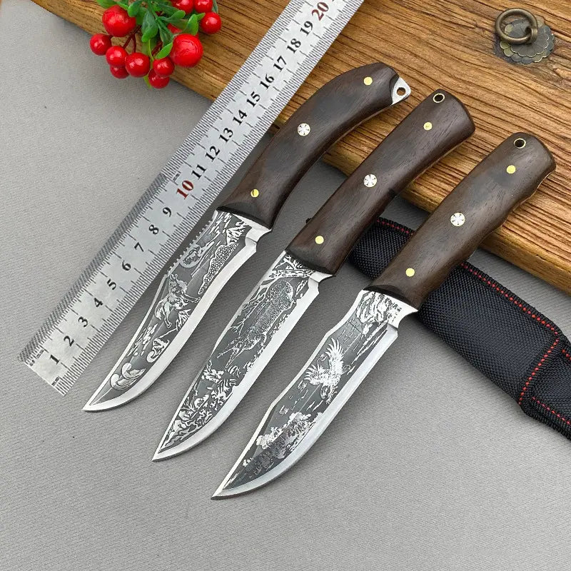 Three knives with dark wooden handles and patterned blades beside a ruler on a wooden surface.