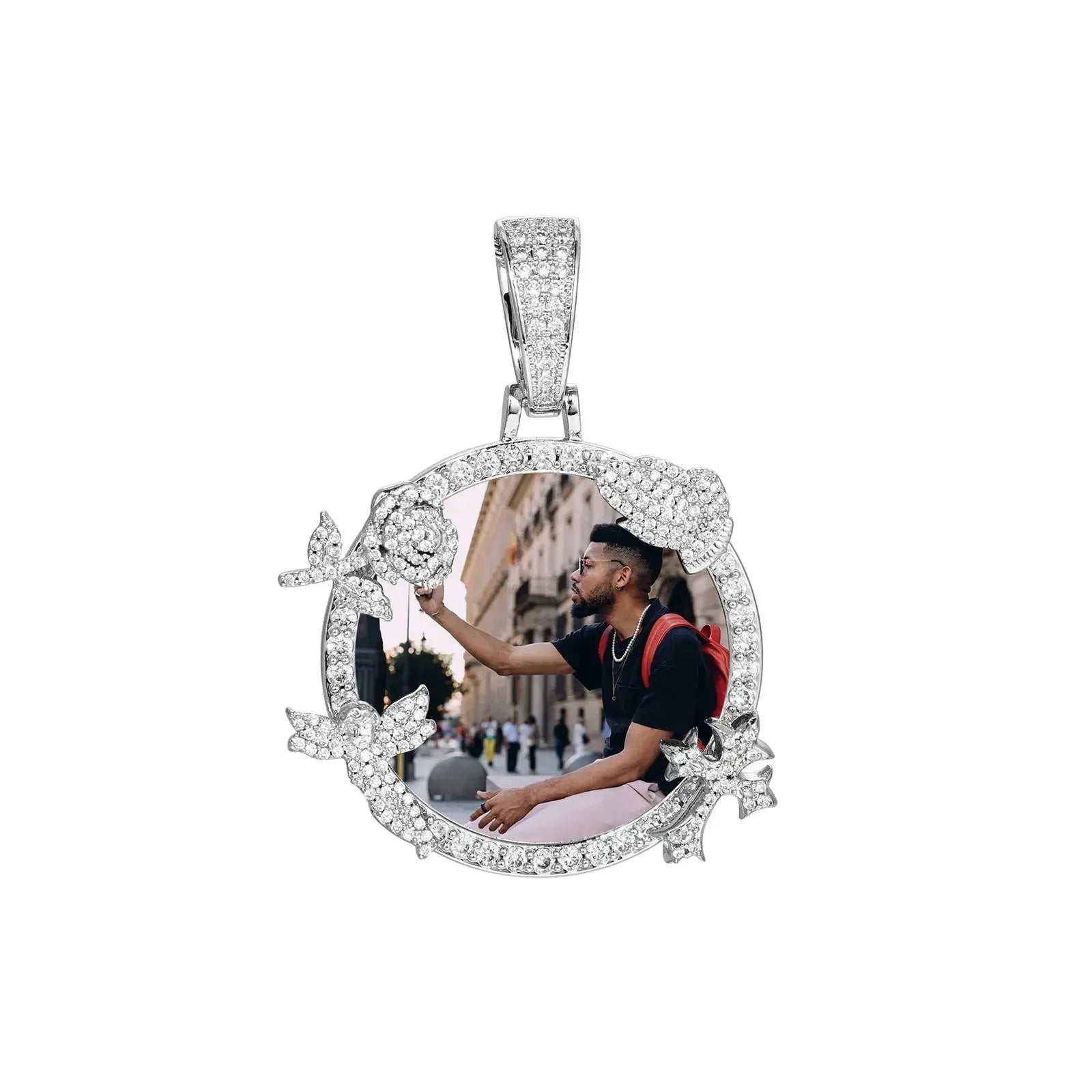 Personalized Memorial Photo Necklace with Zircon Accents | Custom Round Remembrance Pendant by TED