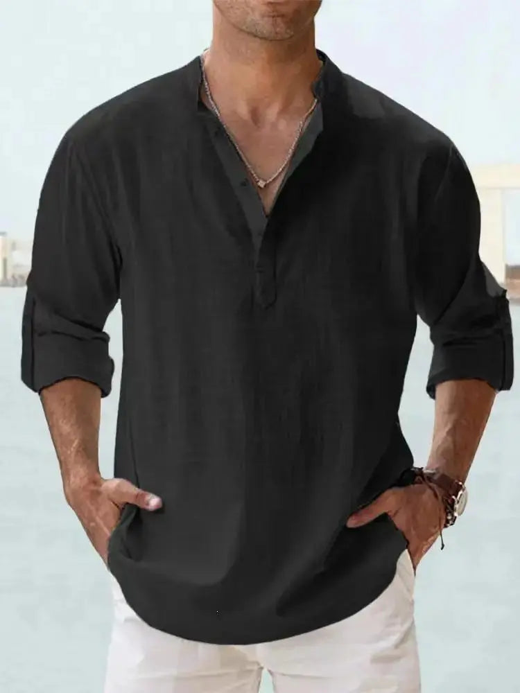 Men's Linen Casual Shirt - Relaxed Long Sleeve Pullover by TED