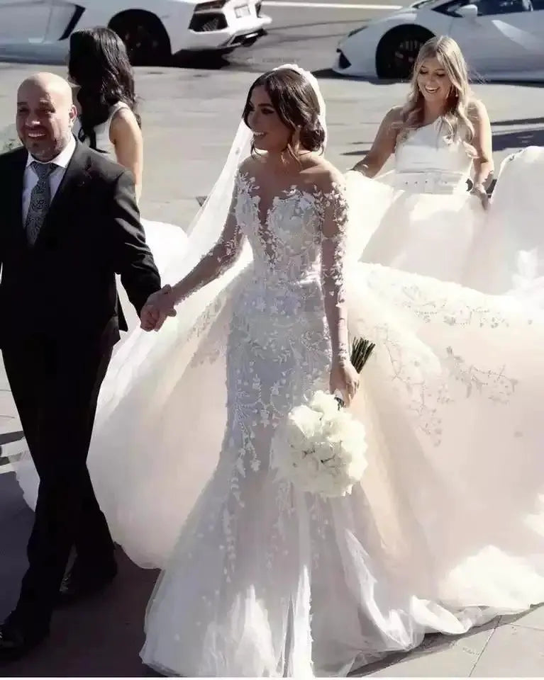Elegant Off-Shoulder Mermaid Wedding Gown with Long Train by TED