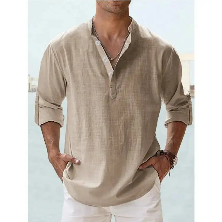 Men's Linen Casual Shirt - Relaxed Long Sleeve Pullover by TED