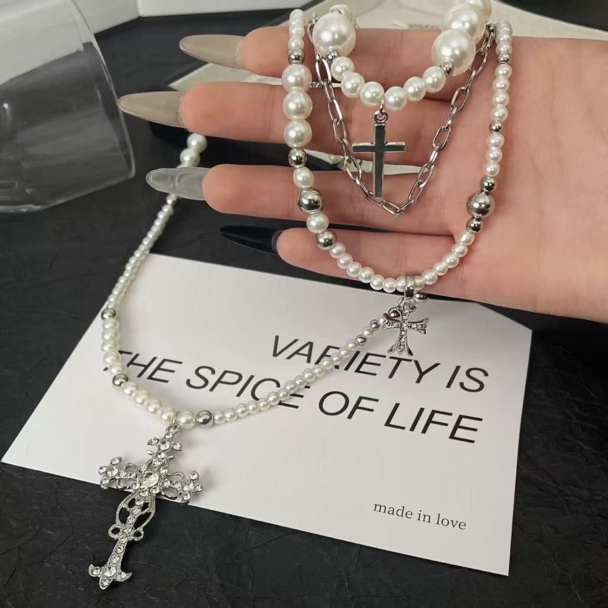 Vintage Pearl Cross Necklace - Layered Gothic Style Jewelry - Cherished Harbor Gifts
