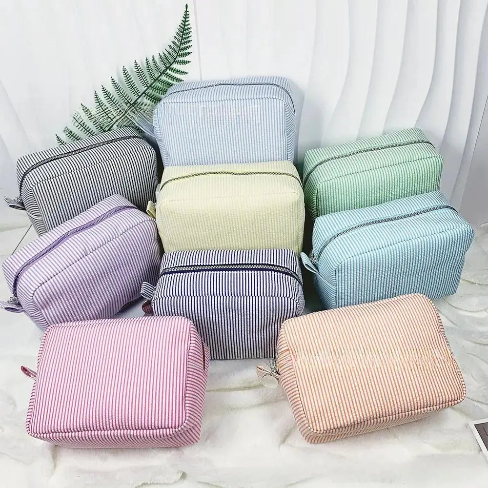 Personalized Embroidered Striped Seersucker Cosmetic Bag | Custom Makeup & Travel Pouch by TED