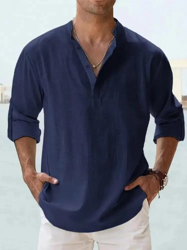 Men's Linen Casual Shirt - Relaxed Long Sleeve Pullover by TED
