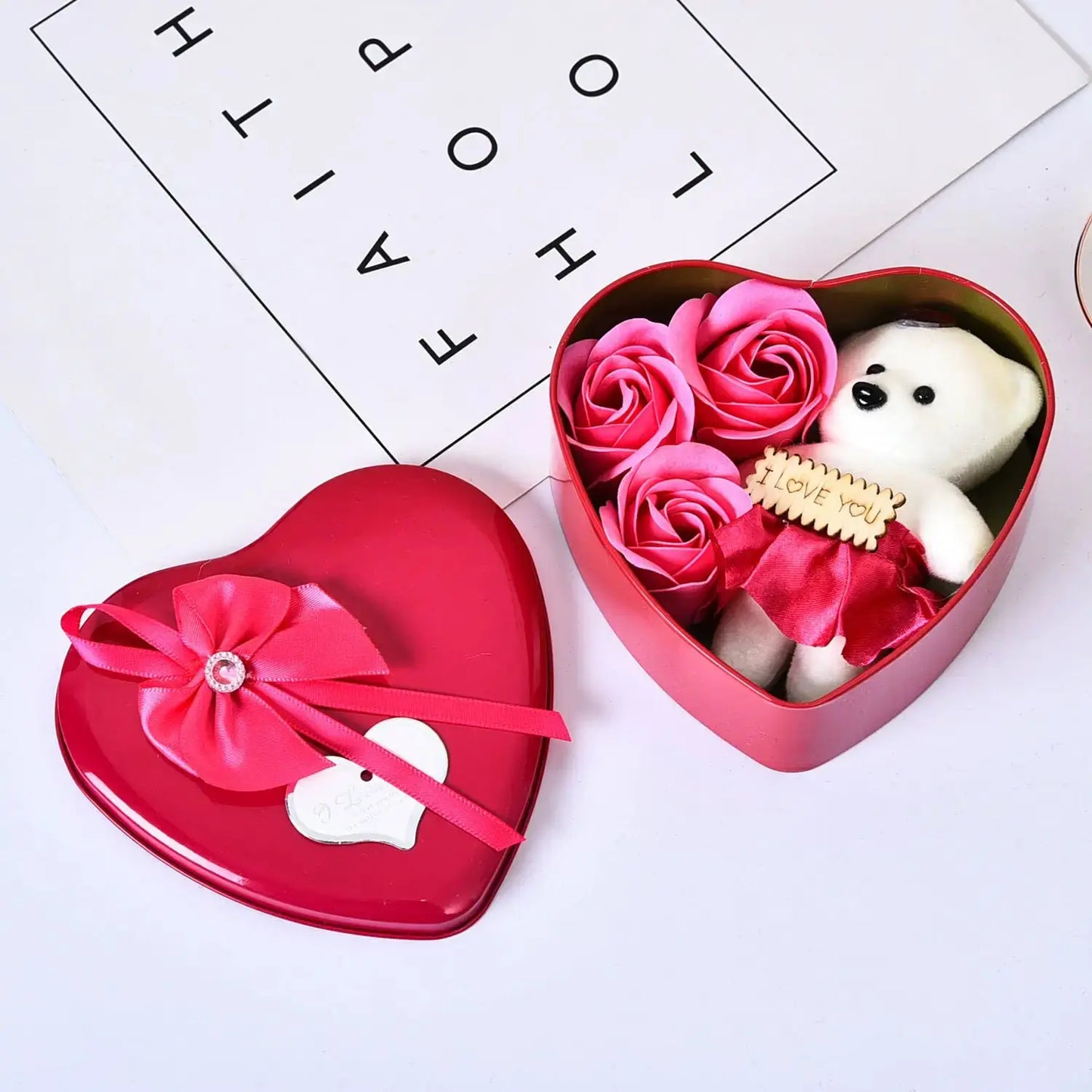 Valentine’s Day Soap Flower Rose Bear Gift Box | Heart-Shaped Bouquet by EPR
