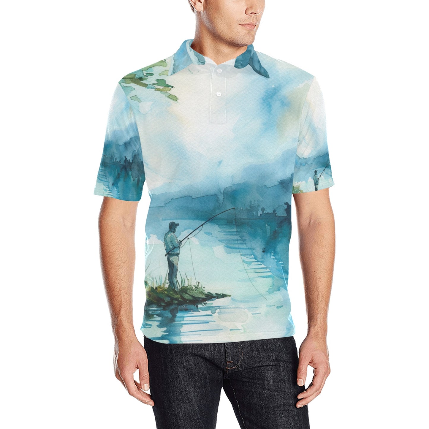 golf polo shirt men Fishing Scene Men's All Over Print Polo Shirt | Lightweight Polyester Casual Golf Shirt - Cherished Harbor Gifts