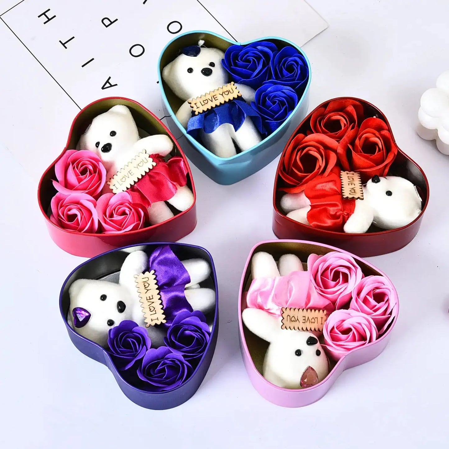 Valentine’s Day Soap Flower Rose Bear Gift Box | Heart-Shaped Bouquet by EPR