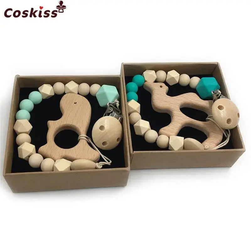 2-Piece Baby Wooden Animal Teether Set – Silicone Bead Grasping Toys by EPR