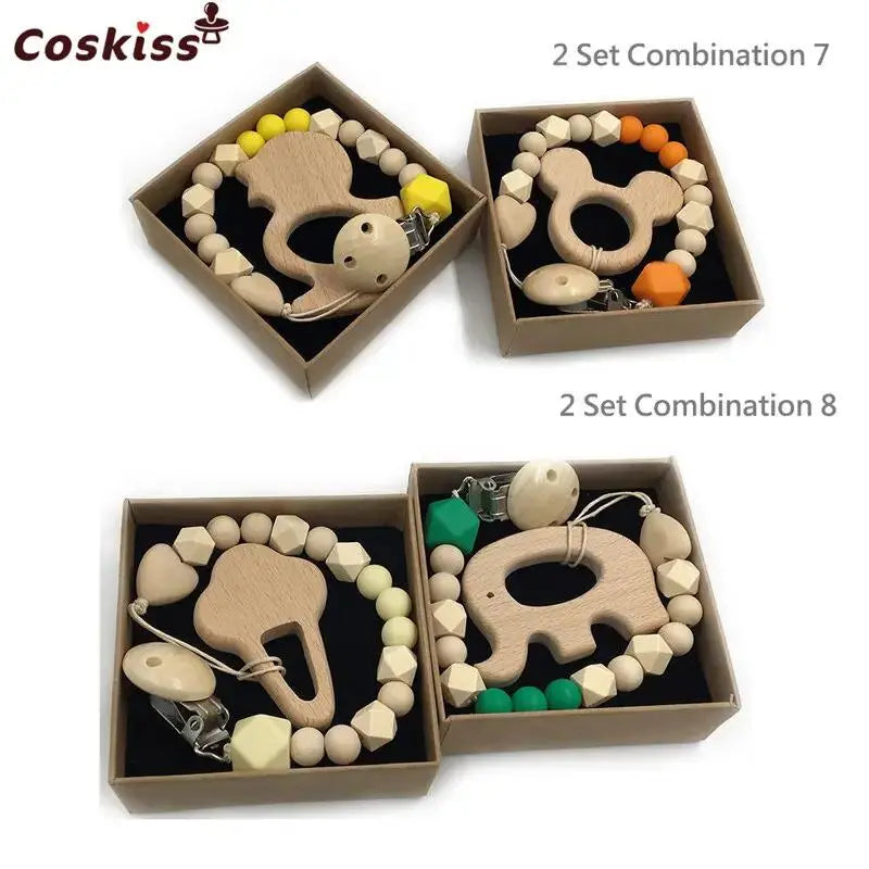 2-Piece Baby Wooden Animal Teether Set – Silicone Bead Grasping Toys by EPR