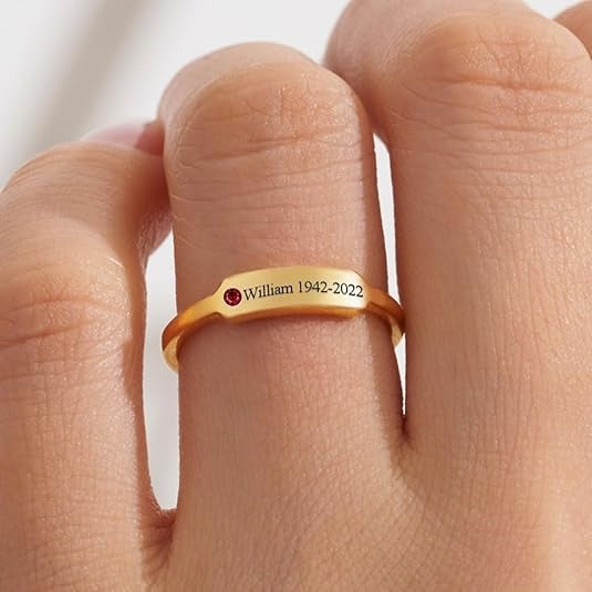 Custom Engraved Birthstone Ring in Gold, Silver & Rose Gold - Cherished Harbor Gifts
